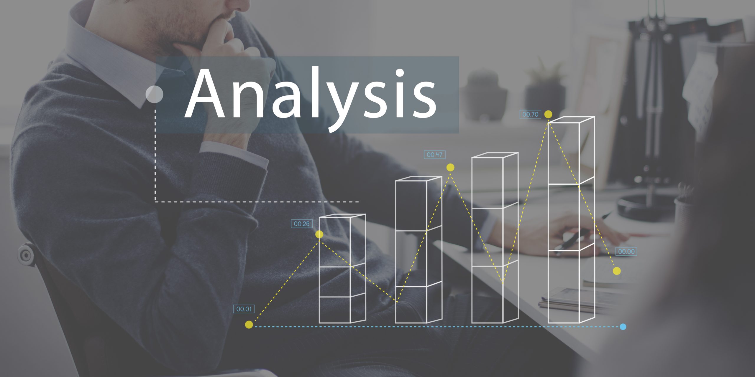 A photo with a man superimposed with the words Data Analysis with bar charts. Used for the blog The Evolution of Data Analytics