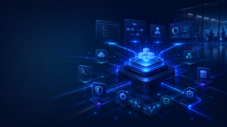 Futuristic blue data center with glowing stacked platforms and floating screens depicting cloud, charts, and security icons (digital infrastructure)