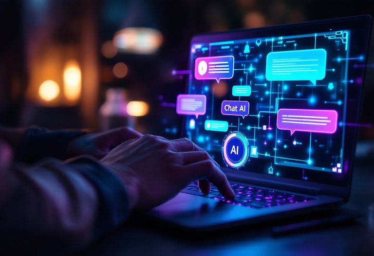 Hands typing on a laptop with glowing neon AI chat bubbles projected from the screen outdoors or in low light with bokeh lights in the background.