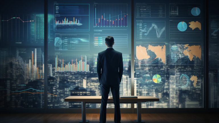 Person in a suit standing at a data wall filled with graphs and charts, analyzing analytics screens.