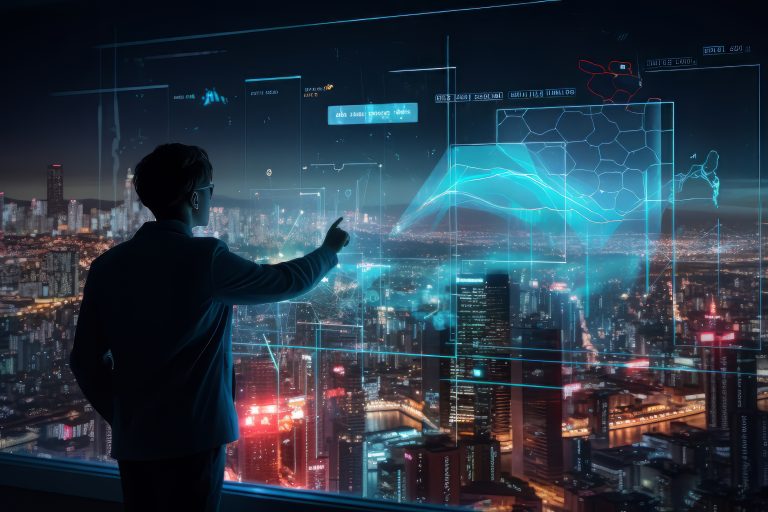 Person in a dark suit interacts with a holographic, blue neon city map over a cityscape at night, touchscreen projections everywhere.