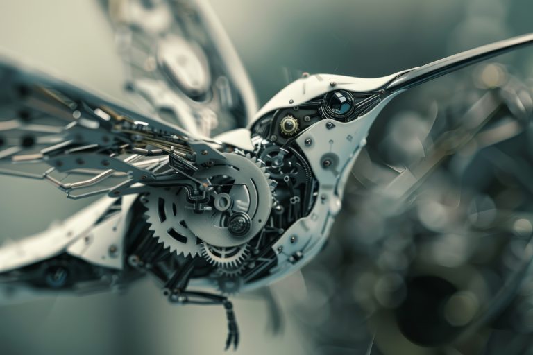 Close-up of intricate gears and wiring inside a futuristic mechanical device.