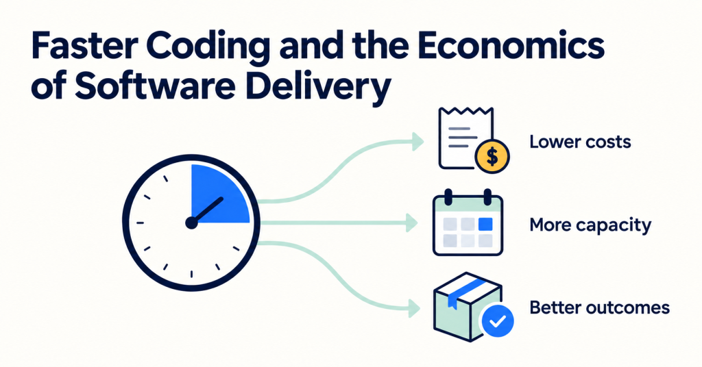 Flat illustration of a clock with three alternative paths to lower costs, more capacity and better product outcomes.
